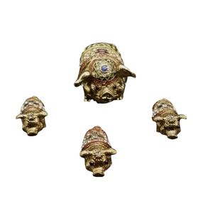 Enameled 10k  Gold Plated Hinged Lid Trinket Box Bejeweled Pig with Piglets